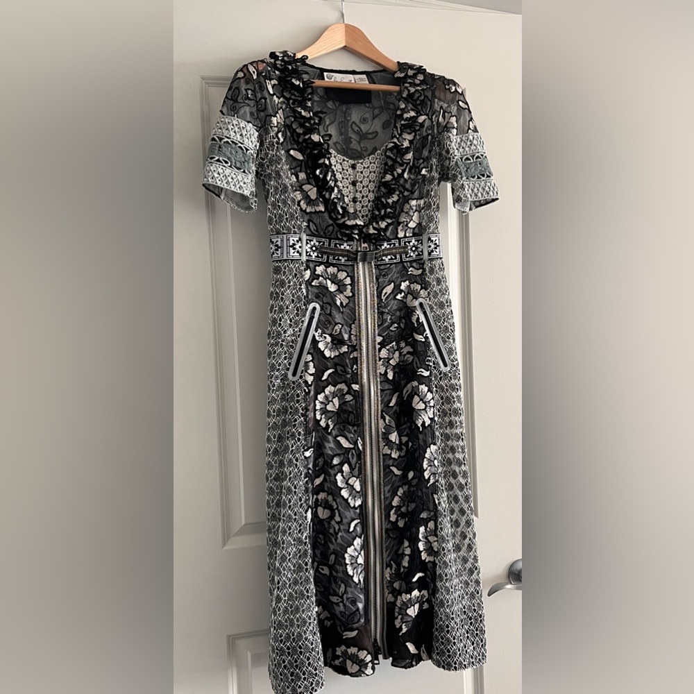 Byron Lars Black & White Mixed-Print Ruffled Midi Dress